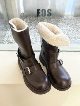 Also sold in physical stores 2025 new korean style retro fashion women's boots round toe thick sole belt buckle two-wear boots