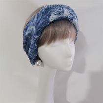 Miss Yuan blue large elastic pleated wide headband daily hair bandana Japanese style headband for cooking
