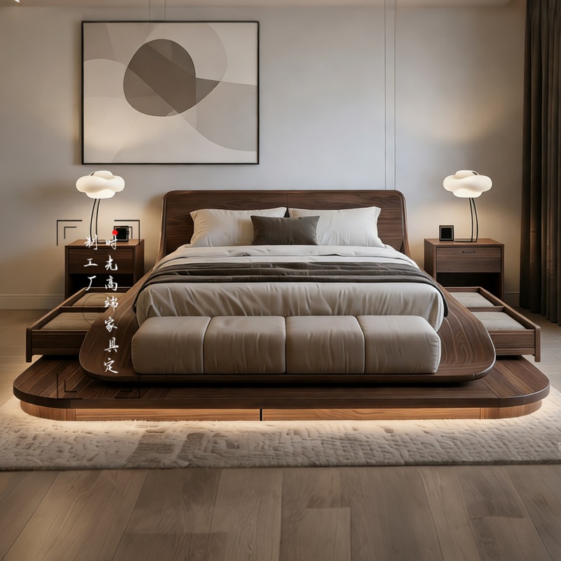Medieval Style 2m X 2.2m Solid Wood Master Bedroom King Bed, High-End North American Black Walnut 1.8m Double Bed with a Sense of Luxury Medieval Style 2m X 2.2m Solid Wood Master Bedroom King Bed, High-End North American Black Walnut 1.8m Double Bed with a Sense of Luxury