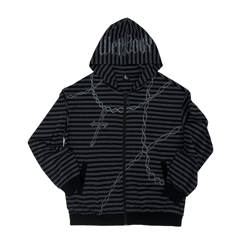 Wet Body Original Subculture Dark Gothic Hooded Loose Striped Jacket Tattoo Print Top for Men and Women Wet Body Original Subculture Dark Gothic Hooded Loose Striped Jacket Tattoo Print Top for Men and Women