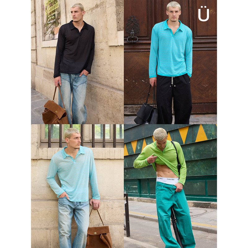 Sofunit Solid Color Striped Slightly See-Through Buttonless Lapel V-Neck Loose Knit Long Sleeve