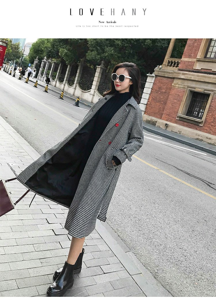 Áo khoác len nữ Houndstooth phiên bản Hàn Quốc 2018 của áo khoác len tartan mới tay áo cánh sen bằng gỗ nút đỏ áo dạ nữ ngắn