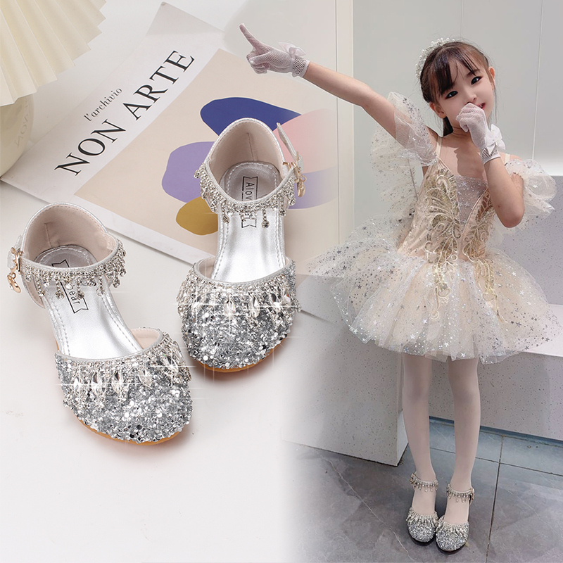 Girls' High-Heeled Princess Shoes Model Catwalk Performance Leather Shoes Kidsren's Wedding Dress with Dress Shiny Stage Crystal Shoes