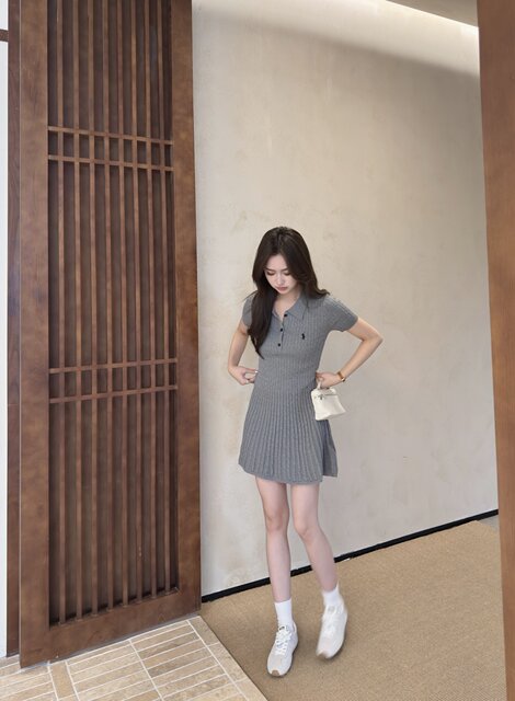 Shenzhen niche design 25 women's summer new style lapel contrasting color war horse embroidery short-sleeved knitted dress with soft fabric