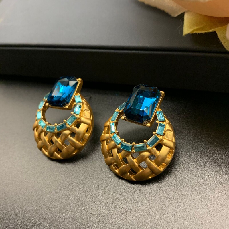 "Vintage Retro Blue Mesh Copper Gold-Plated Earrings with Blue Rhinestones from Qingdao"