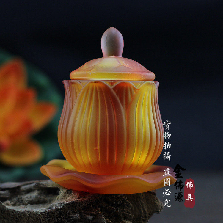 Seven Treasures Imitation Glazed Water Supply Cup For The Buddha Holy Water Cup Clear Water Cup Lotus Flower For Cup Great Tragicure Water Tribute Cup Buddha Supplies