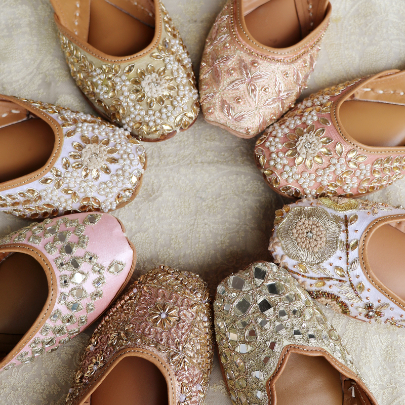 Sixth Anniversary Celebration Pink and Gold Collection I Indian Handmade Shoes in Pink, Gold, and Champagne Colors with Genuine Leather and Hand-Stitched Beads