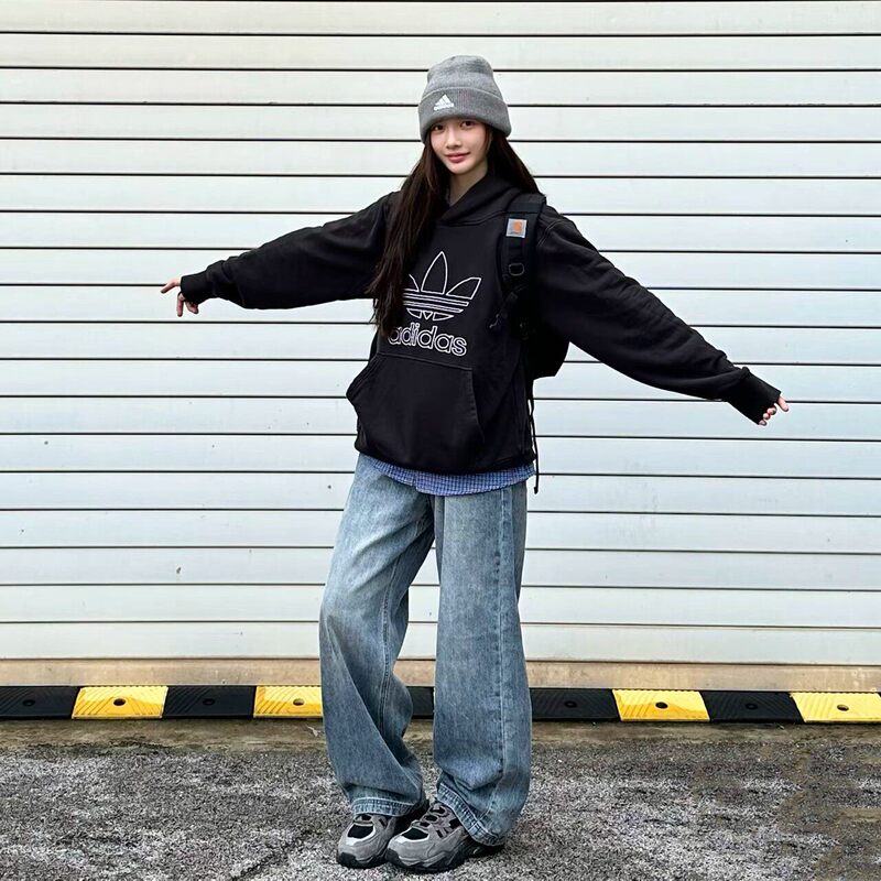 Adidas Trefoil Couple Long-Sleeve Sweatshirt with Large Logo, Unisex Pure Cotton Hooded High-End Jacket
