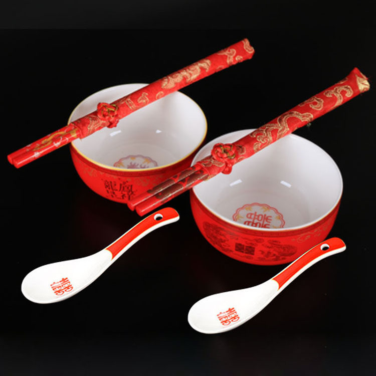 Wedding Bowl Chopsticks Spoon Suit Wedding items Double Festive Ceramic Bowl Red Dragon Cockatoo happy Festive Chopsticks with Wedding Makeup