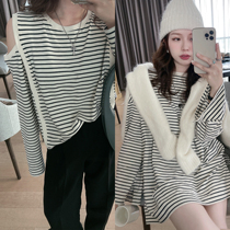 TMH STUDIO Lazy Wind Design Sensation Blouse Fall Beat Undershirt Loose Shoulders Small Crowdstriped T-shirt Woman