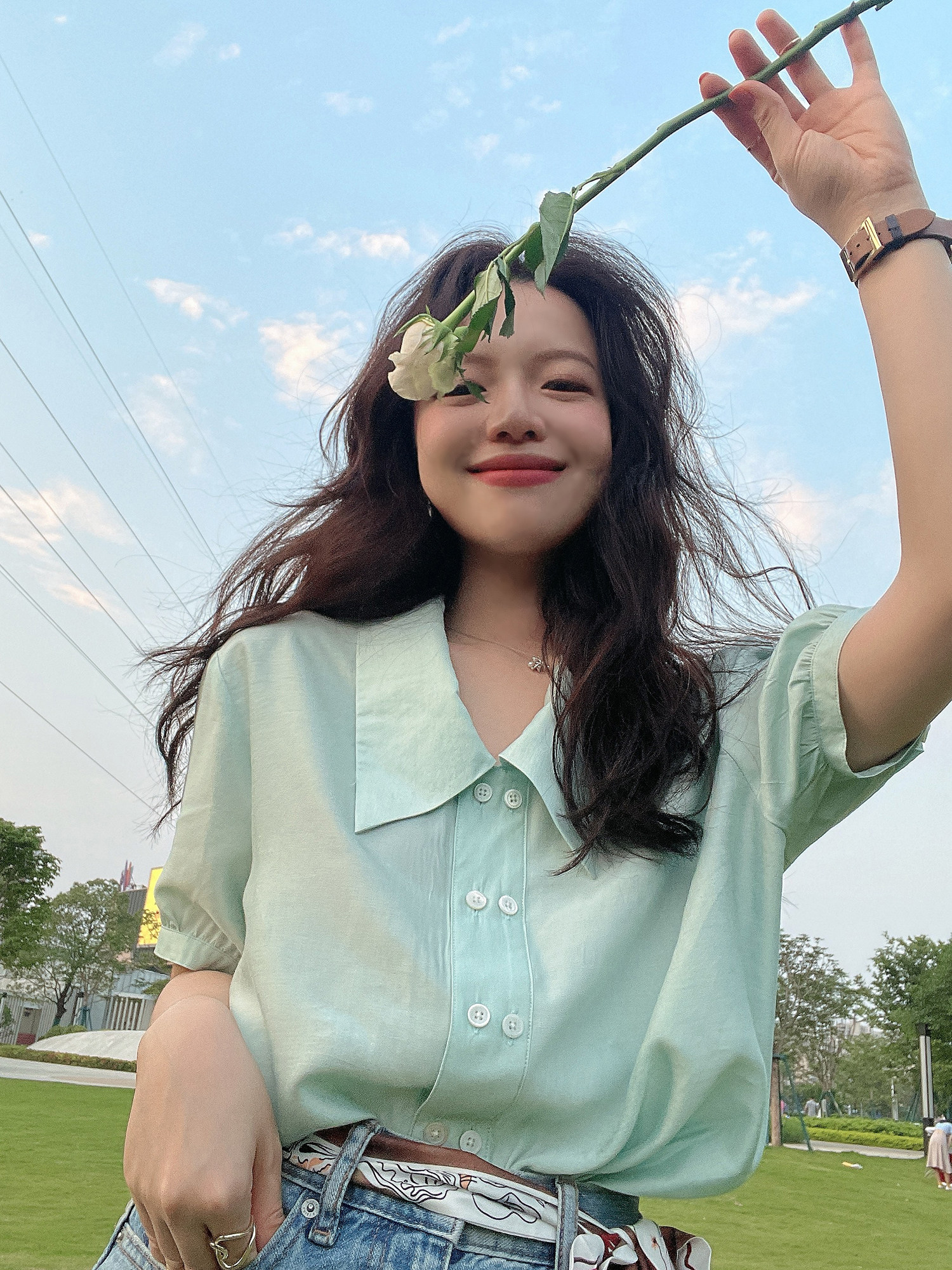 TMH Studio Rose and Painter Short Sleeve Shirt Woman Summer Thin Design Double Row Shirt Shirt