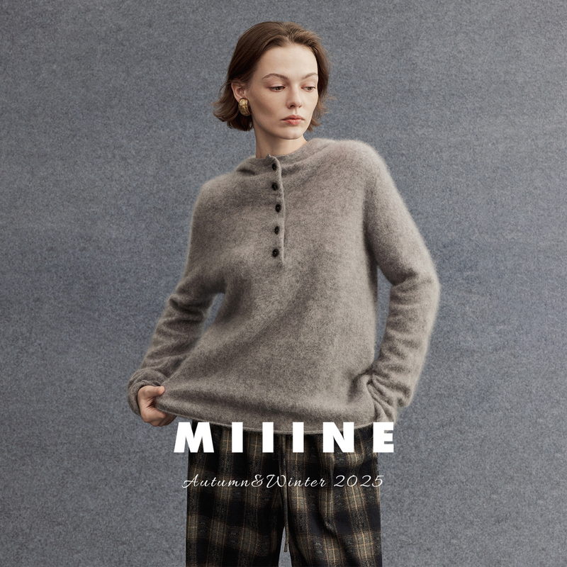 Miiine Cashmere Wool Brushed Hooded Sweater Henry Collar Slightly Loose Fit Textured Hooded Lazy Knitwear