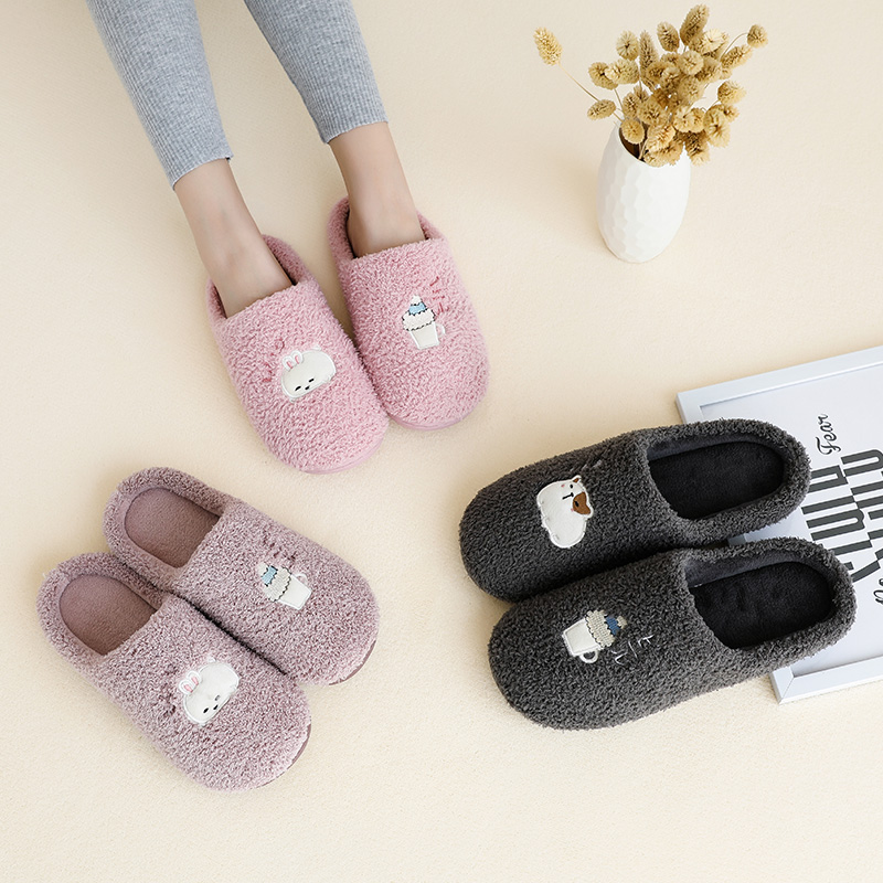 Couple cotton slippers women winter indoor non-slip home use men's floor slippers furry cute cartoon confinement warm