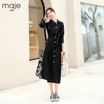 Maje kara black long sleeve shirt dress women's autumn 2021 new stitching printed waist slim skirt