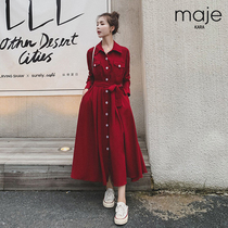 Maje kara red long sleeve dress women's autumn 2021 new French retro waist Korean shirt skirt