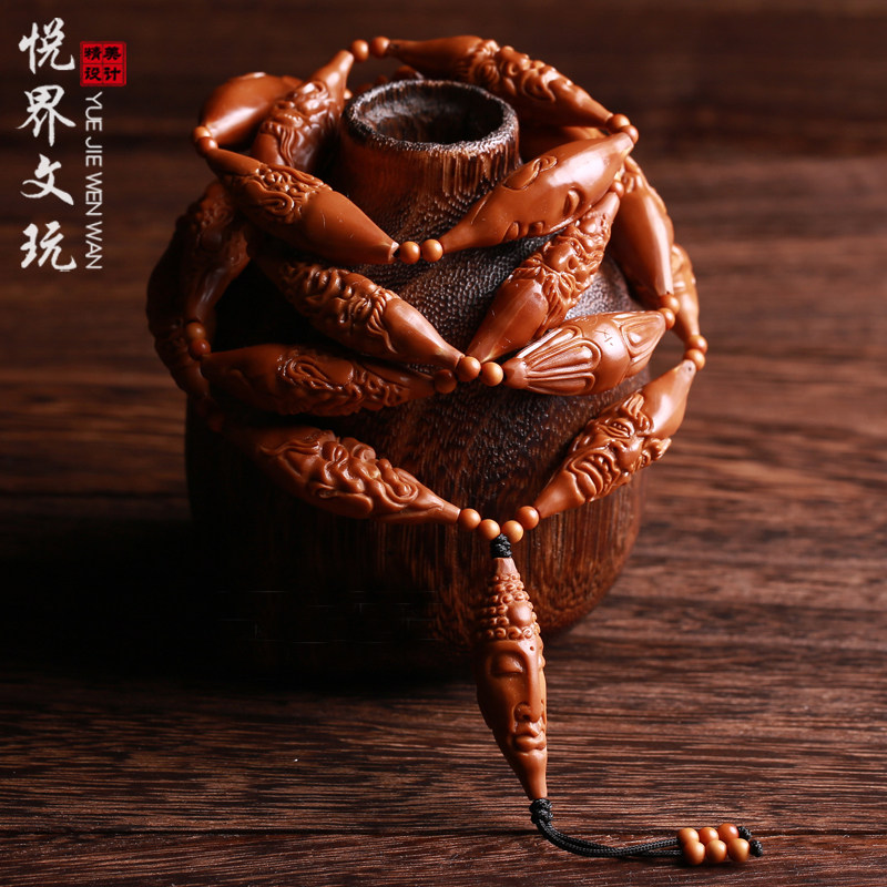 Olive core carving Eighteen Arhat hand string single-sided hand-carved willow leaf slender core multi-circle neck long string sweater chain