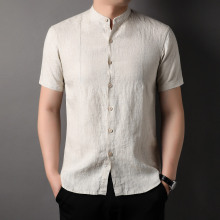 2024 Summer 100% Pure Linen Stand up Neck Short sleeved Shirt for Men's Chinese Style Shirt Middle Youth Casual Men's Half Sleeves