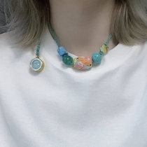 Hand-painted green God of Wealth Tsacha small thangka multi-treasure glass koi hand-woven cultural toy necklace for women