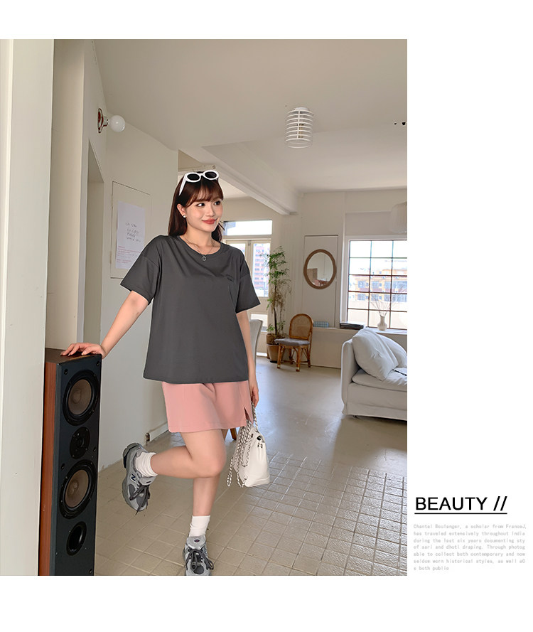 Плюс размер бюста платье 宽松的高腰a字开衩春夏大码女装，遮盖肌肤，显瘦look纯色套装裙32047。