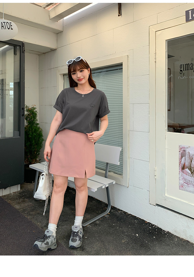 Плюс размер бюста платье 宽松的高腰a字开衩春夏大码女装，遮盖肌肤，显瘦look纯色套装裙32047。