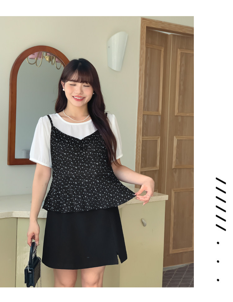 Плюс размер бюста платье 宽松的高腰a字开衩春夏大码女装，遮盖肌肤，显瘦look纯色套装裙32047。