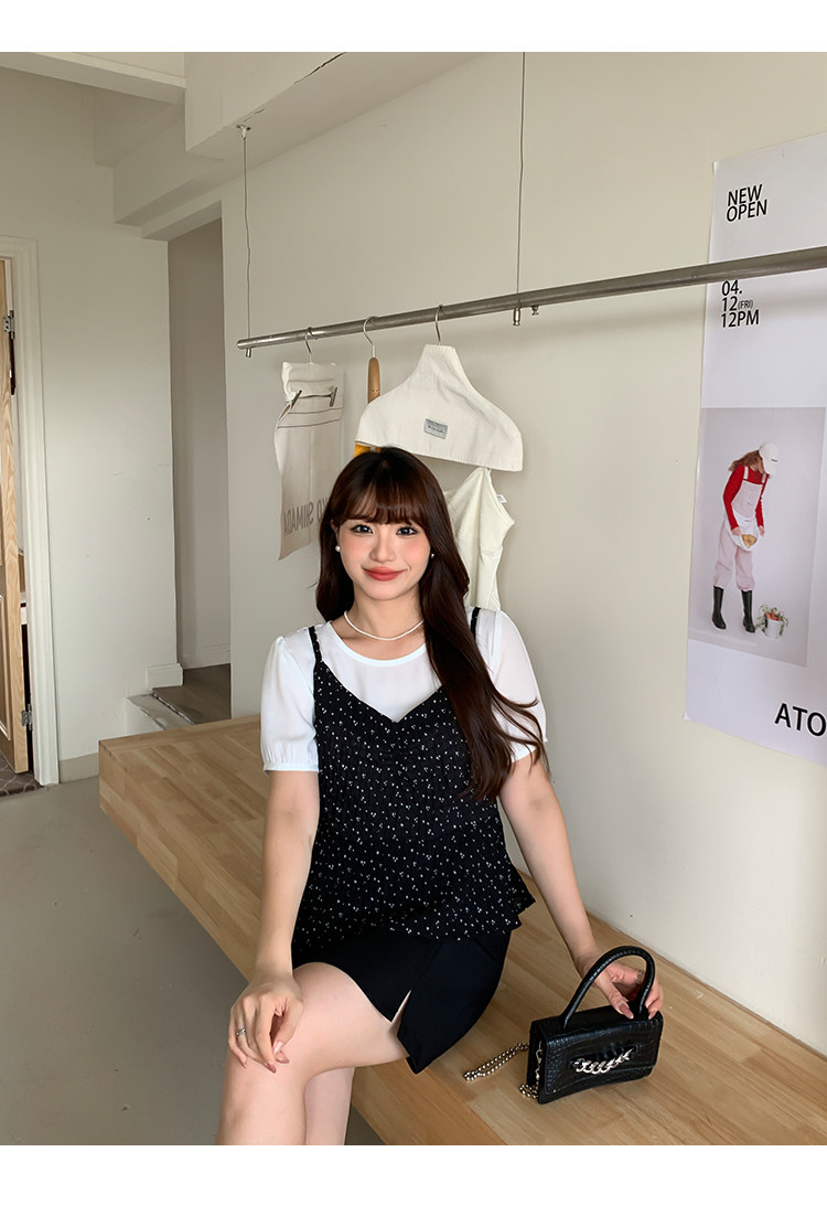 Плюс размер бюста платье 宽松的高腰a字开衩春夏大码女装，遮盖肌肤，显瘦look纯色套装裙32047。