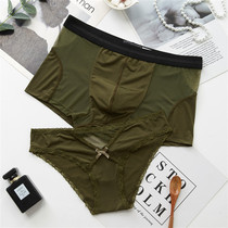 Temptation sexy couple underwear ice silk mesh gauze cute comfortable male flat corner female triangle low waist personality suit