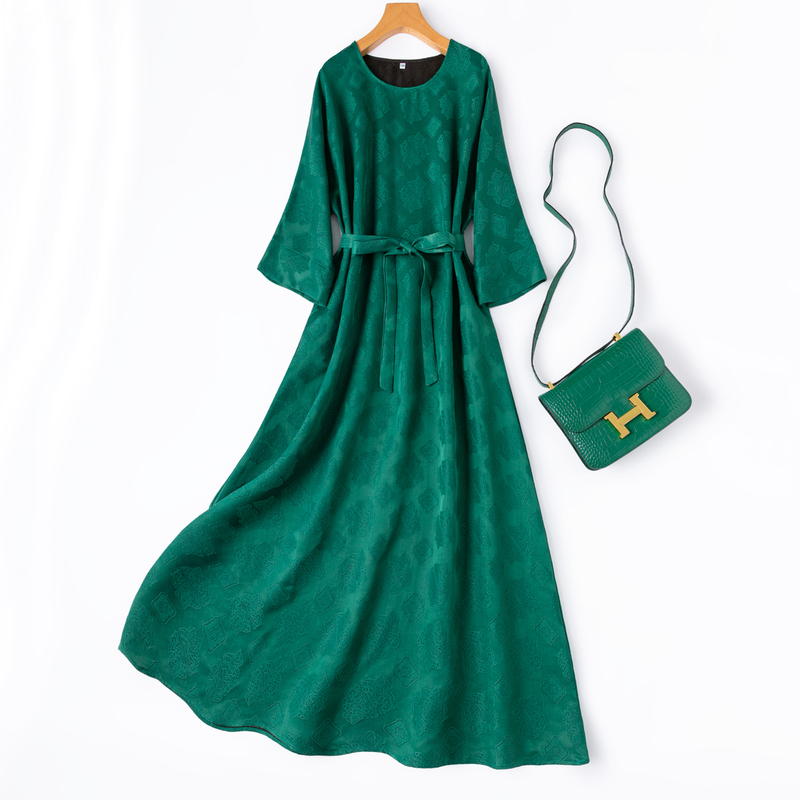 Grass Green 45mm Heavy Silk Jacquard Robe Dress with Sleeves, Silk Long Dress Grass Green 45mm Heavy Silk Jacquard Robe Dress with Sleeves, Silk Long Dress