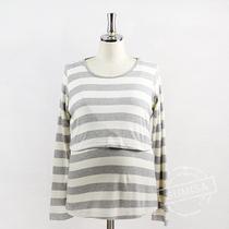 canlemon maternity wear home wide stripe lactation knitted bottoming long-sleeved round neck T-shirt pure cotton