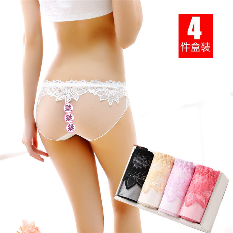 4 pieces in a gift box Women's panties Sexy temptation seamless transparent lace large size low waist briefs women's thin