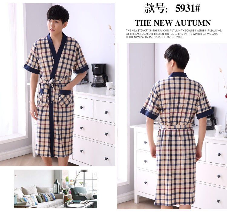 Áo ngủ nam cotton đồ ngủ mùa hè Nhật Bản kimono áo choàng tắm mùa hè bông áo choàng tắm thanh niên ngắn tay áo phần mỏng