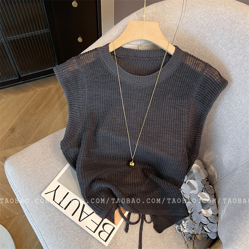 Sleeveless High-Waisted Lace-Up Small Flutter-Sleeve Knitted T-Shirt for Women, 2026 Spring New Design, Gentle and Elegant Top