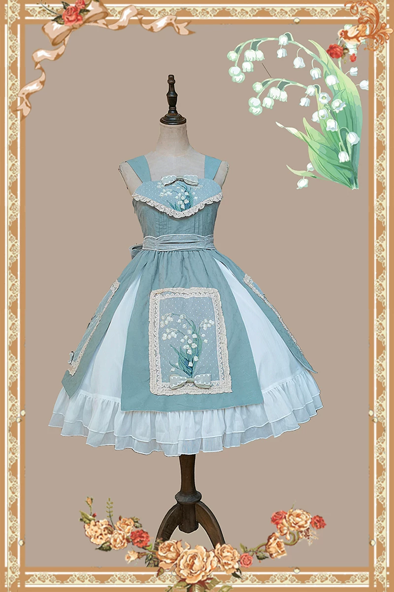 Зелёный комплект, стиль Лолита, орхидея, с вышивкой, Lolita Jsk