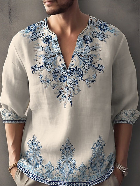 Men's New T-Shirt, Middle Eastern Style, All-Season Loose Ethnic Print Casual T-Shirt, Large V-Neck Shirt, Ethnic Clothing
