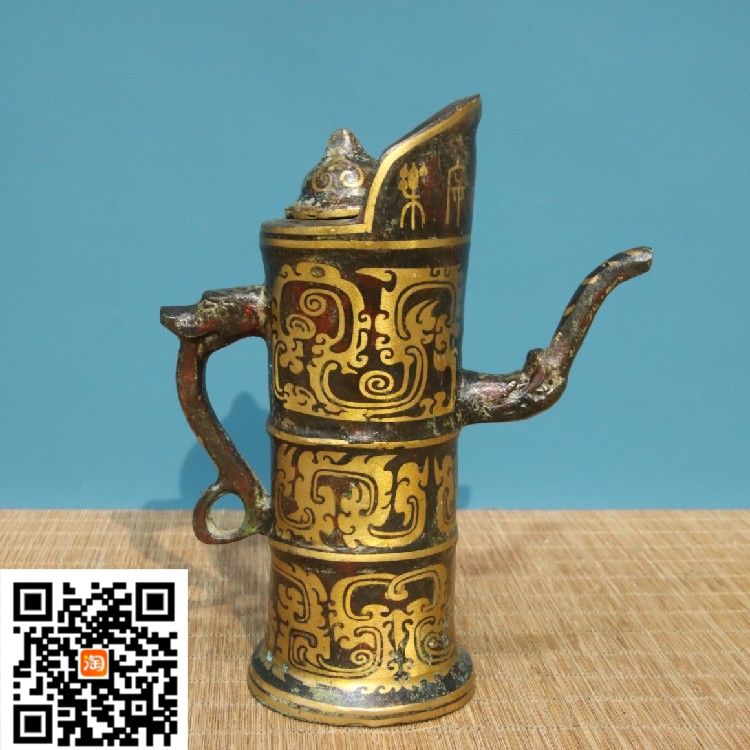 中国古美術 旧藏 錯金青銅器 烏壺 一対 時代物 骨董 花器 飾壺 青銅工芸 中国古美術・珍品旧藏・青銅製提梁鳥壺・鋳造・鏨刻・純銅製・