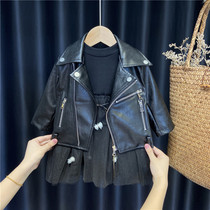 1 year old 234 girls leather jacket childrens spring and autumn Korean version of the Western style black motorcycle jacket baby fashion gauze skirt
