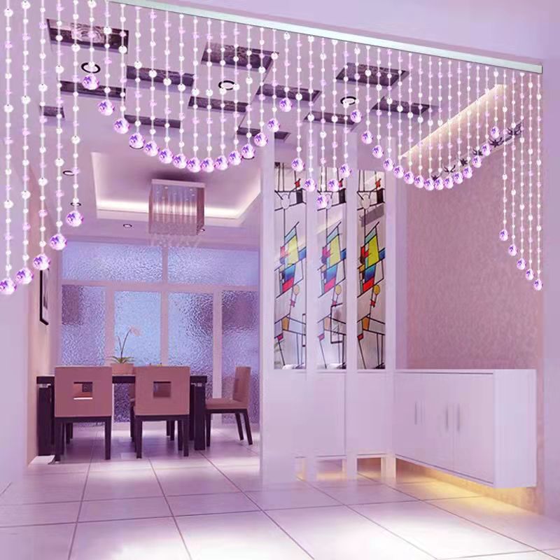 Crystal Door Curtain Full Bead Curtain Partition Decorative Curtain No-Drill Installation Drapery Style Living Room Champagne Purple Bead Curtain