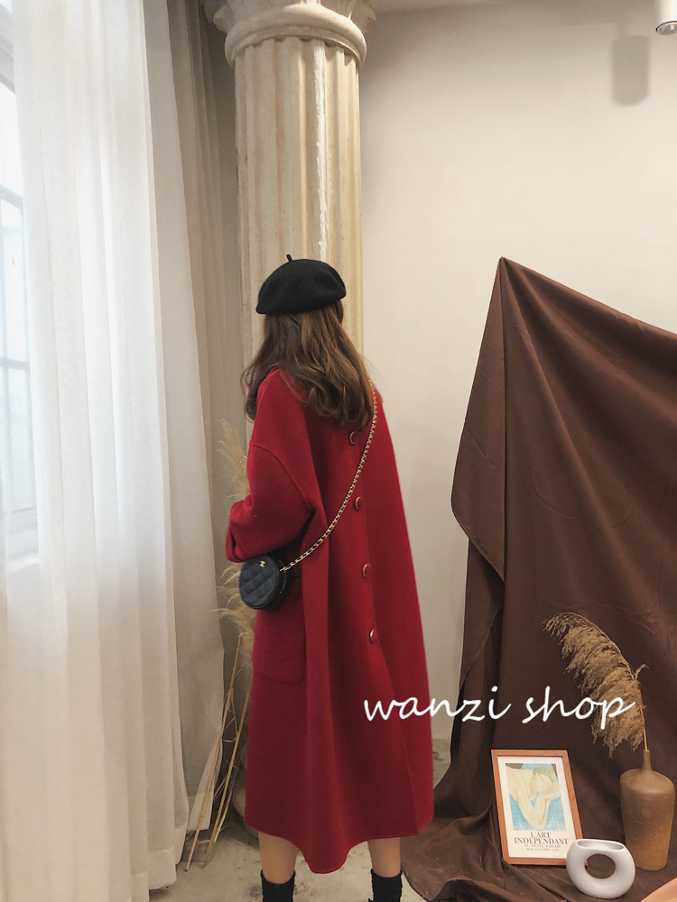 Rượu vang đỏ nhỏ lật trước và sau khóa cổ áo mở Albaka hai mặt áo khoác len nữ dài phần chống mùa - Accentuated eo áo áo dạ dáng suông
