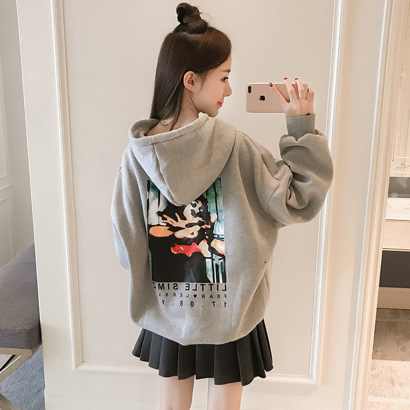 2017新款原宿风潮流涂鸦印花套头加绒卫衣女秋季宽松软妹长袖上衣