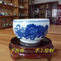 Special offer Jingdezhen hand-painted blue and white porcelain double lions playing with hydrangea Arhat shape tea cup owners personal cup