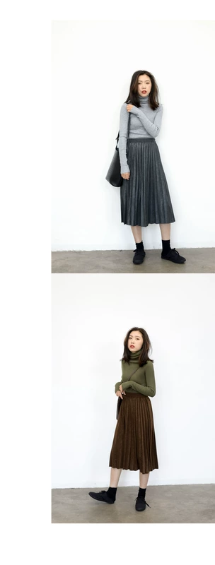 KNss mùa thu và mùa đông retro màu rắn lỏng lẻo một từ váy dài váy xếp li váy chân váy đẹp