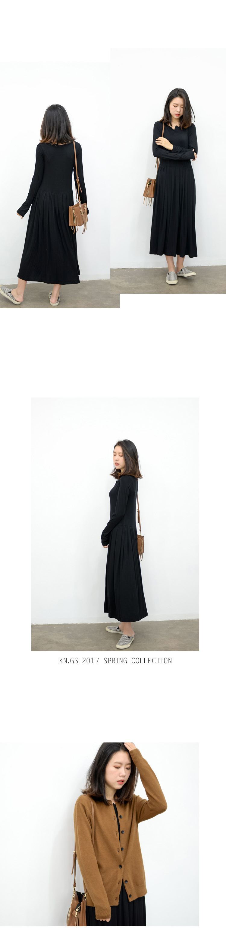 KNGS Autumn Solid Color Retro Slim Modal Dài tay Thin Thin Eo cao Váy dài Một chiếc váy xếp li đầm xòe trễ vai voan