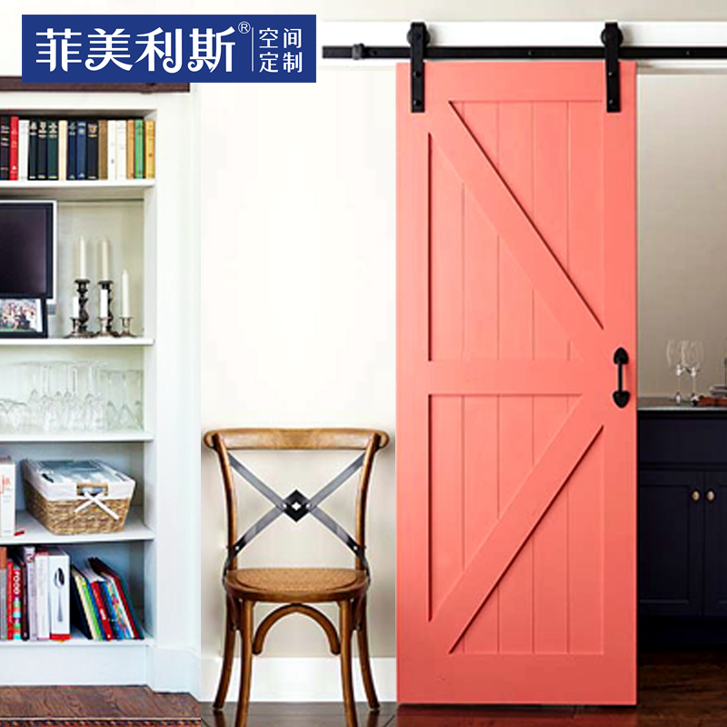 Pink solid wood barn door, bathroom door, toilet door, hanging rail, sliding door, sliding door, custom study, kitchen, interior door