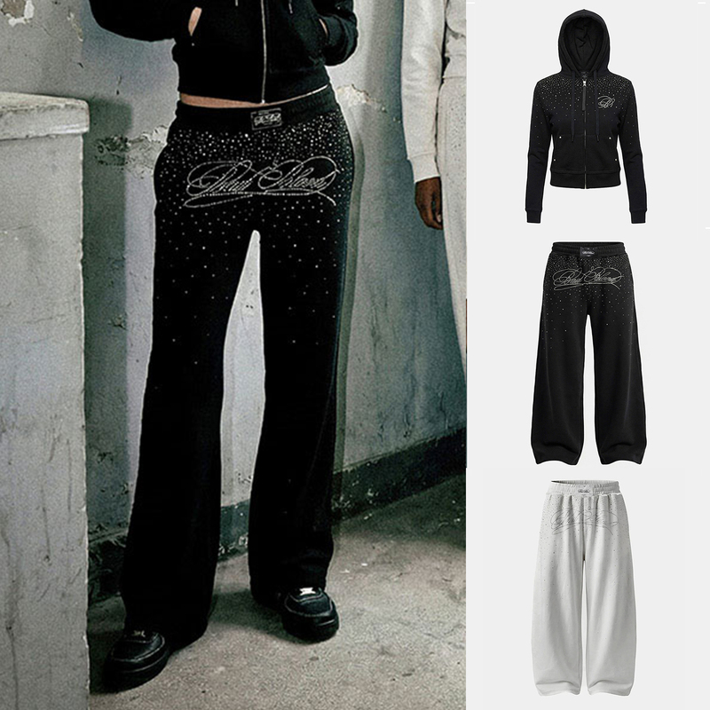Korean Badblood American Retro Style Casual Pants for Women with Rhinestones, Niche Wide-Leg Pants, Sweatpants, Sports Long Pants Korean Badblood American Retro Style Casual Pants for Women with Rhinestones, Niche Wide-Leg Pants, Sweatpants, Sports Long Pants