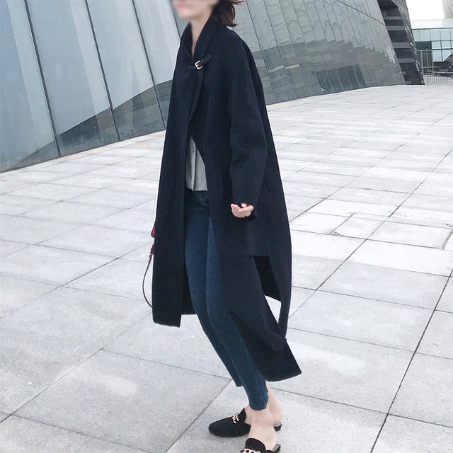 h double-sided cashmere wool fabric ຫນັງແທ້ buckle silhouette cape cut handmade coat jacket