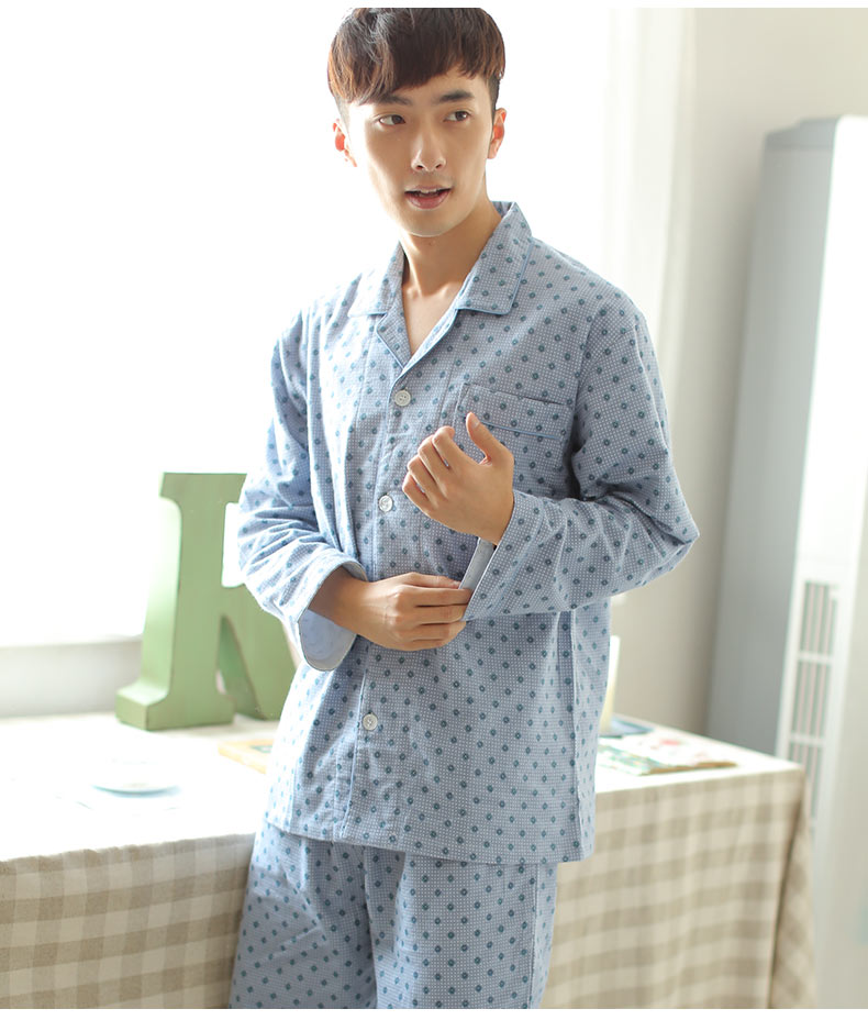 Bộ đồ ngủ nam cotton dài tay Dịch vụ gia đình Set mùa thu Thanh niên Cotton Kích thước lớn Loose Winter Winter Bộ đồ ngủ kẻ sọc đồ bộ dài tay mặc nhà