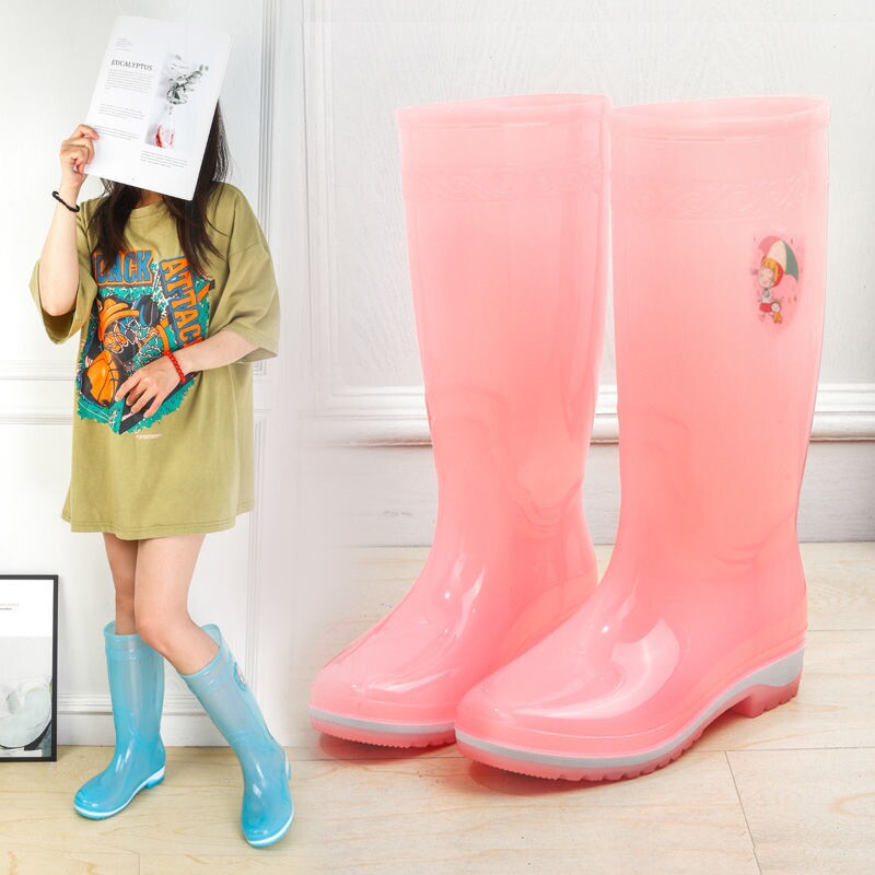 Summer Transparent Candy Rain Shoes Water Boots Fashion High Cylinder Women Waterproof Shoes Thickened Warm Rain Boots Anti Slip Wear Resistant Rubber Shoes