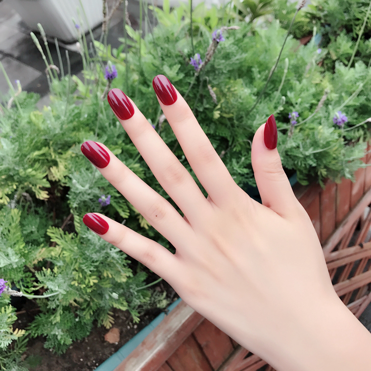 Free Shipping Burgundy Nail Art Finished Product Wearable Bridal Fake Nail Tips Round Head Medium-Length Collection