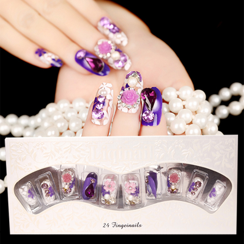 New Style Purple Flower Nail Pieces for Brides, Detachable and Diamond-Encrusted, Super Beautiful Finished Fake Nails, Luxurious Nail Patches