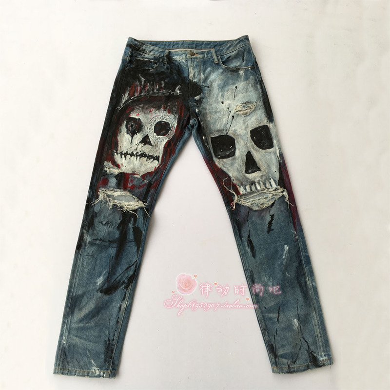【Silver Gecko】2023 New Skull Ink Splatter Distressed Exaggerated Washed Selvedge Denim Jeans Hand-Painted